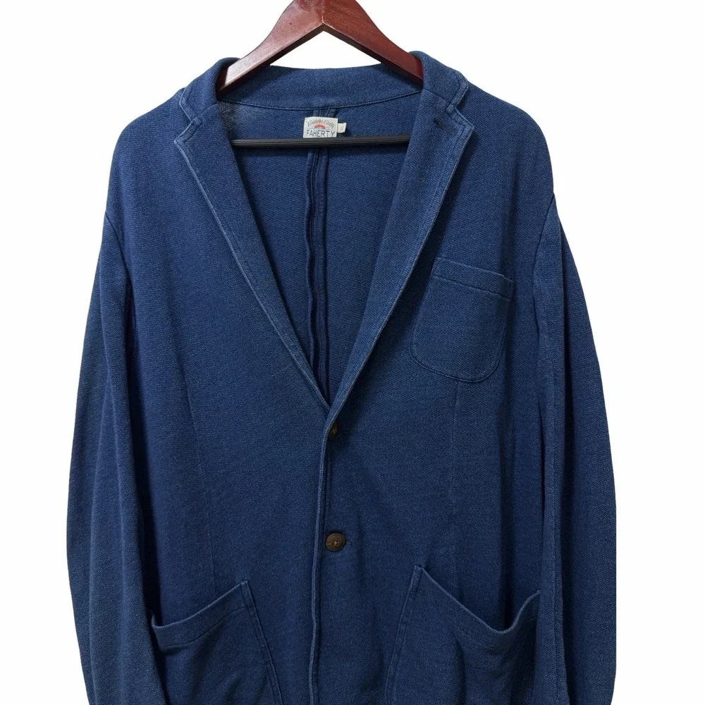Faherty Mens Inlet Cotton Knit Blazer Size L Indigo Wash‎ Casual Stretch Preppy